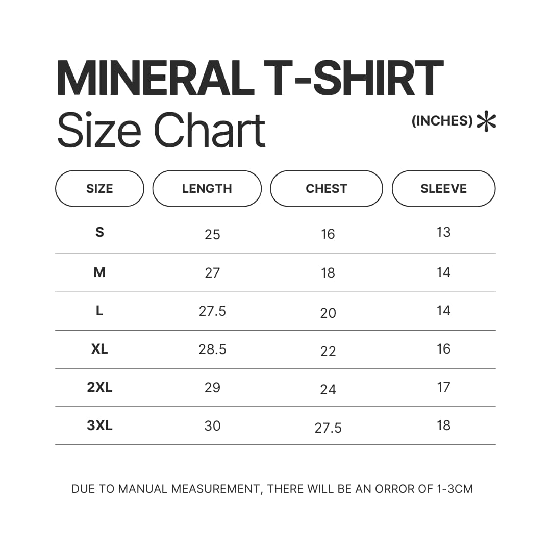 Mineral Wash T shirt Size Chart - Nana Merch