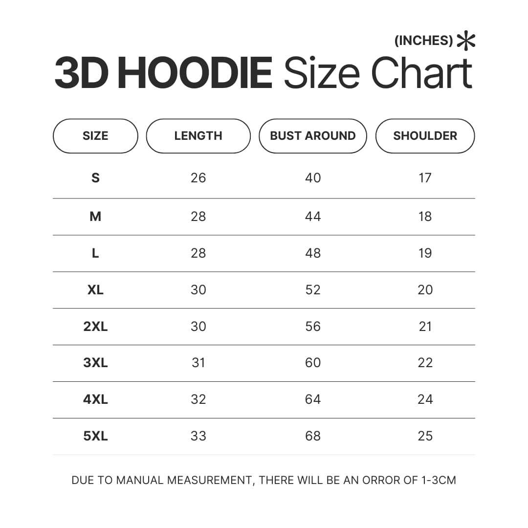 3D Hoodie Size Chart - Nana Merch