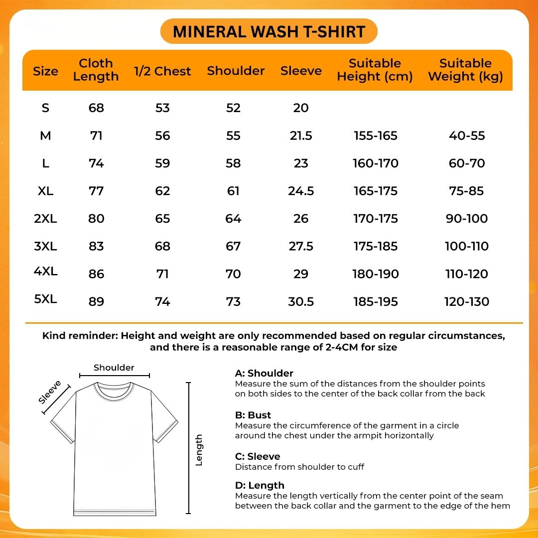 Mineral Wash T Shirt Size Chart - Nana Merch